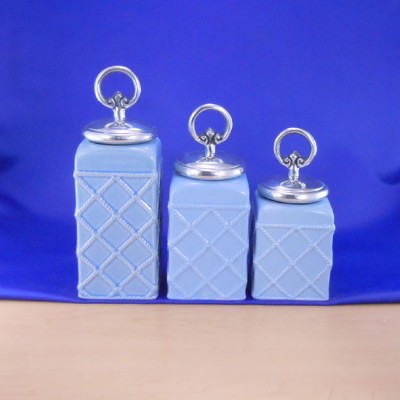 60002BLUE-RING-SIL-CERAMIC CANISTER SET ROPE BLUE W/ RING SILVER LIDS